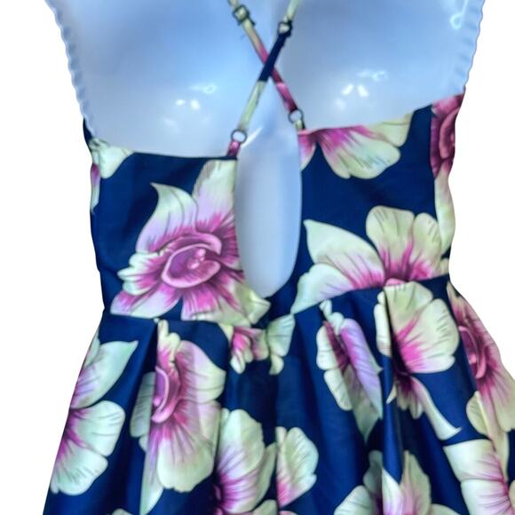 DEPRI Blue Pink Floral Mini Dress Crisscross Spaghetti Straps Sz S/M - Picture 7 of 8